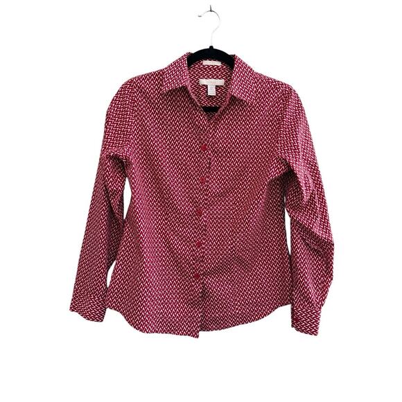 Chicos Womens Top 0 Small Red Chevron 100% Cotton No Iron Collar Shirt #3231 - Picture 1 of 12
